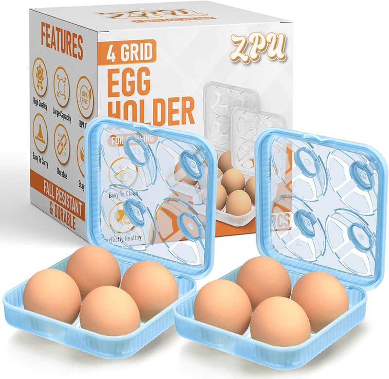 ZPU Egg Holder Camping, 2Pcs 4 Grid Egg Container, Plastic Egg Carrier for Camping Picnic Travel Outdoor Refrigerator Kitchen, Protective Egg Storage Case, Blue - Image 1